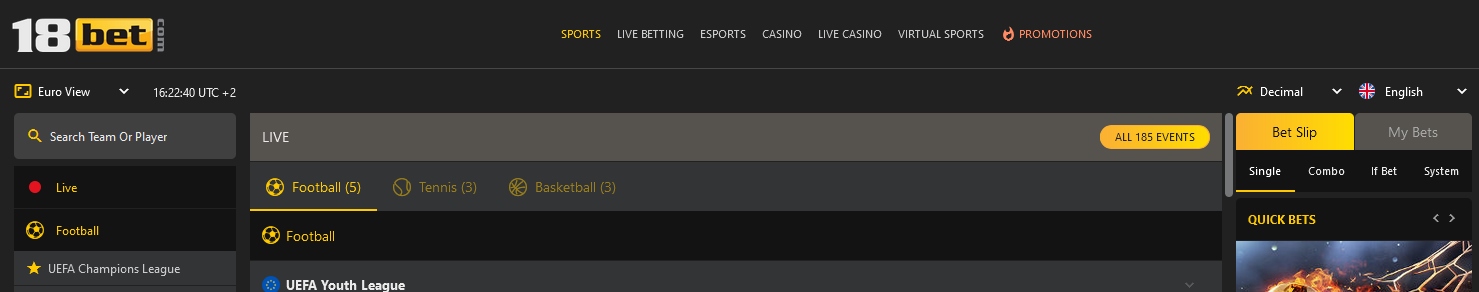 Top banner of the 18bet site