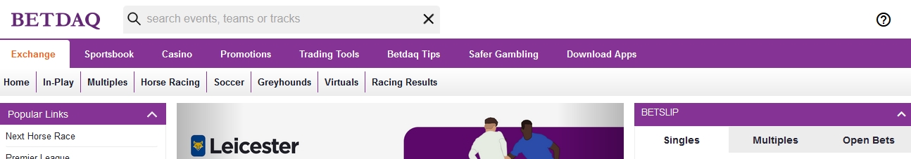 Top banner of the BETDAQ Exchange site